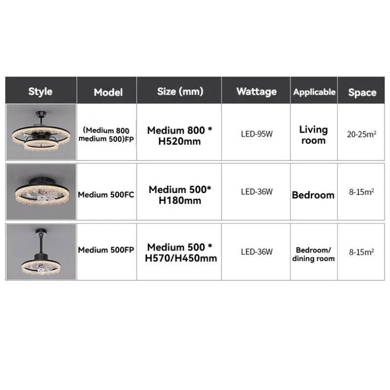 ventilateur noir moderne lumière led cristaux transparents élégants télécommande chambre salon