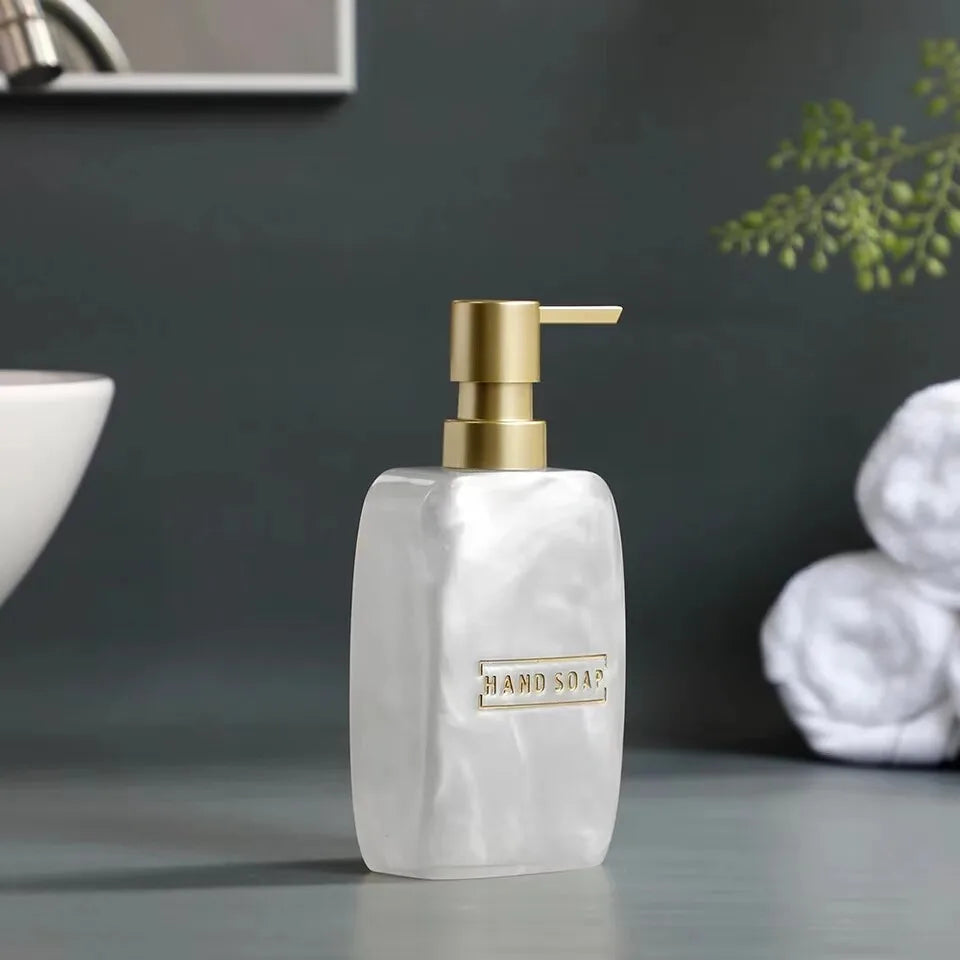 ensemble salle bain blanc or marbre moderne brosse dents savon pompe plateau rangement