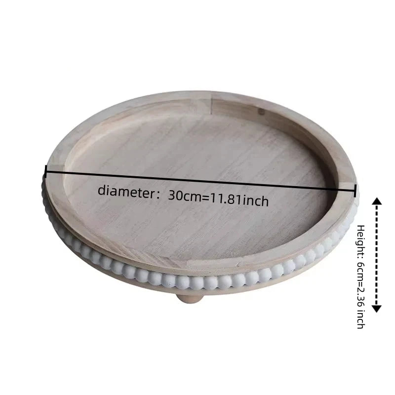 plateau bois blanc vintage rond tasse bougie orné support rustique