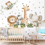 sticker mural animal savane aquarelle lion girafe elephant singe zèbre toucan enfant chambre