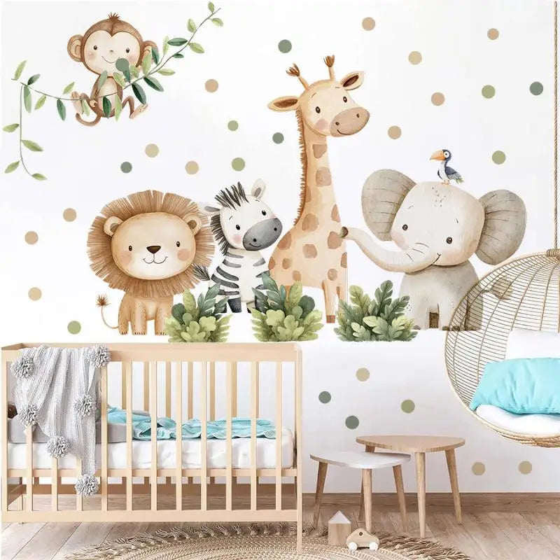 sticker mural animal savane aquarelle lion girafe elephant singe zèbre toucan enfant chambre