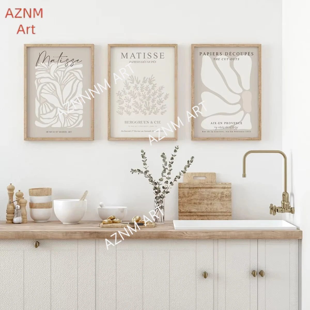 affiche art abstraite floral moderne minimaliste toile beige blanc cadre bois