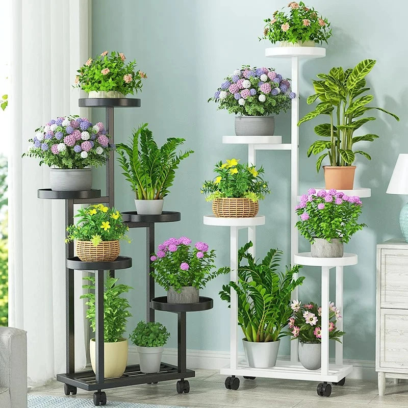 meuble plantes roulettes moderne noir blanc doré plateaux circulaires pots fleurs