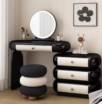 maquillage moderne commode tiroirs tabouret miroir noir blanc texture cuir