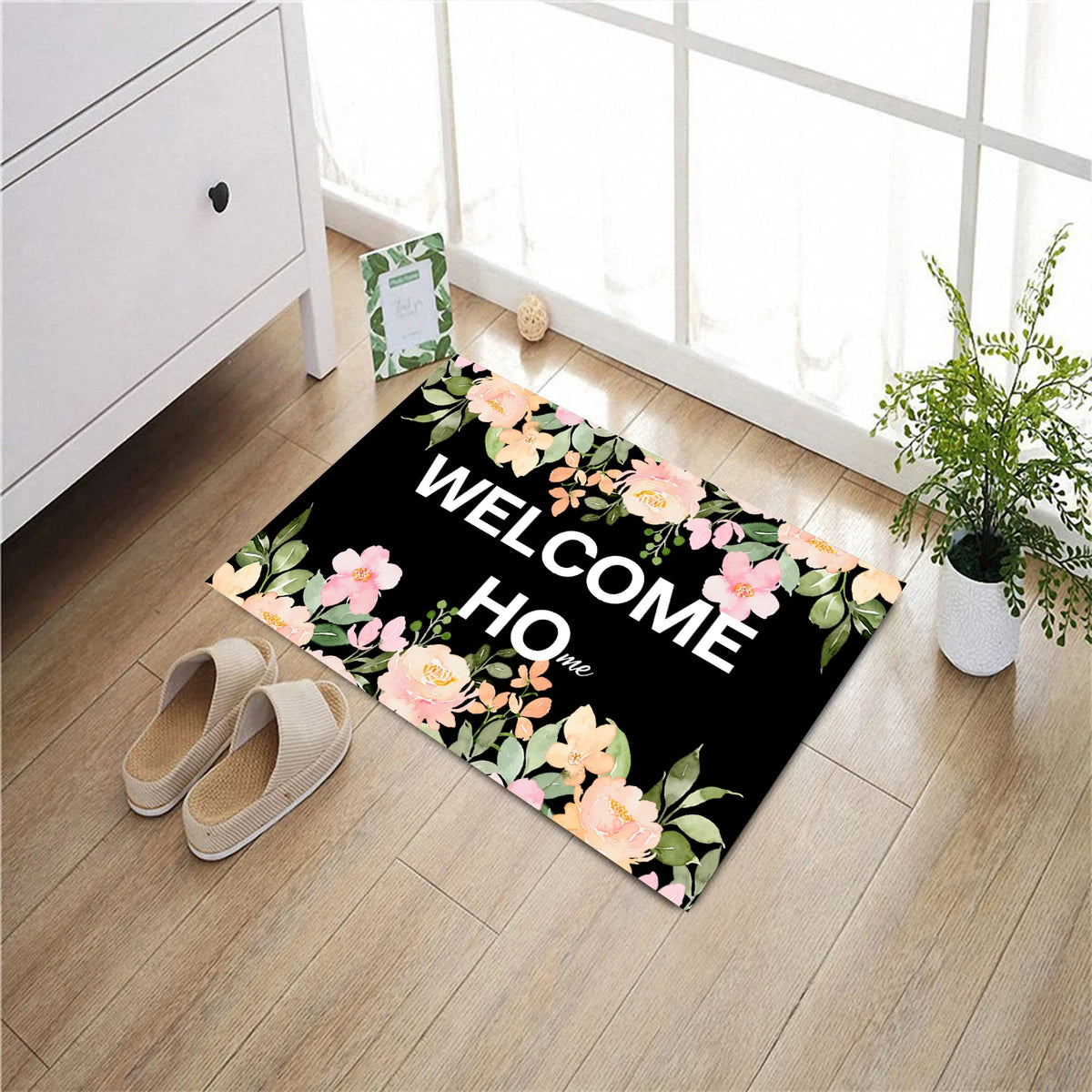 tapis d'entrée floral antidérapant résistant antibactéries moderne noir rose vert bienvenue