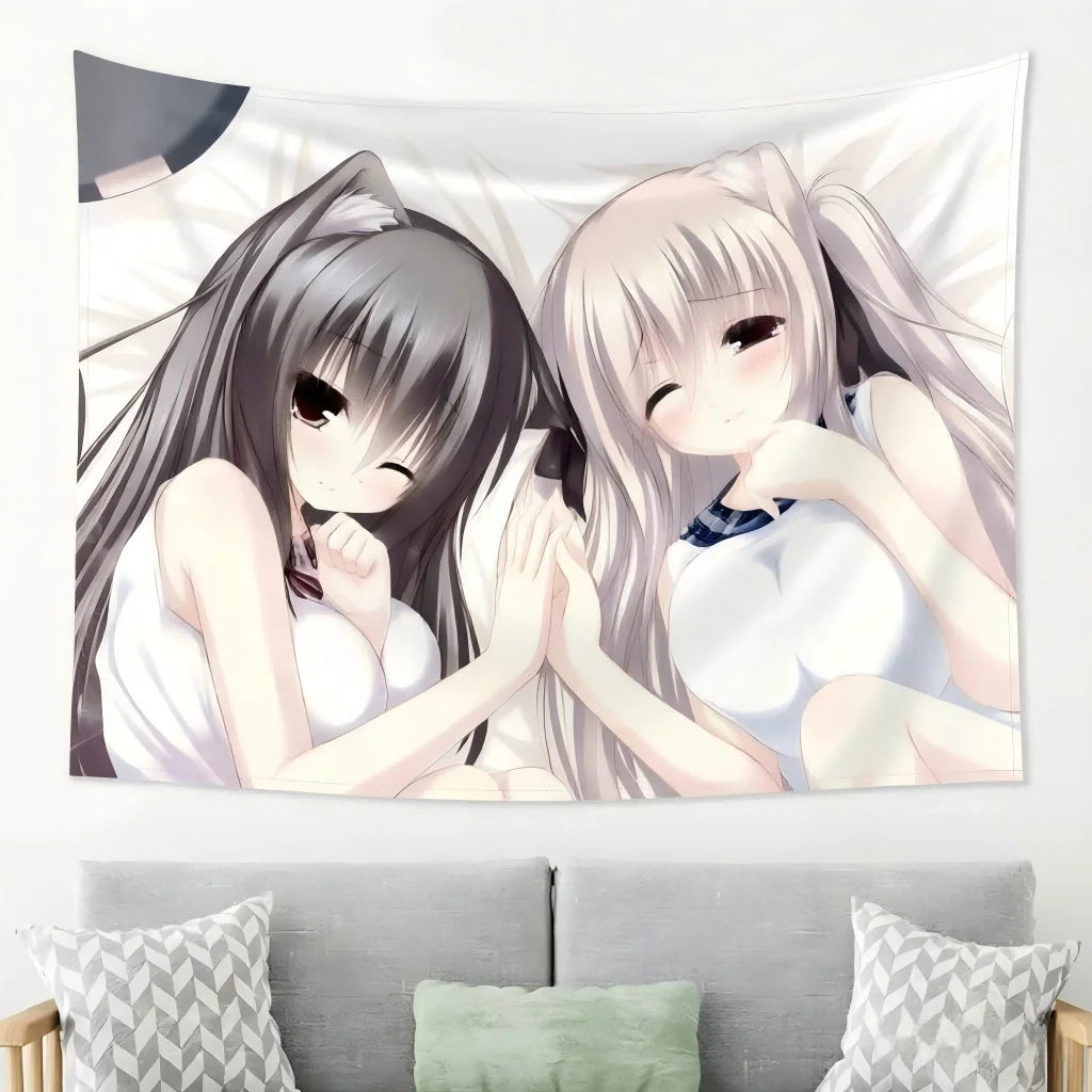 tapisserie anime oreilles chat blanc noir personnages animés chambre décoration murale tissu polyestère lavable