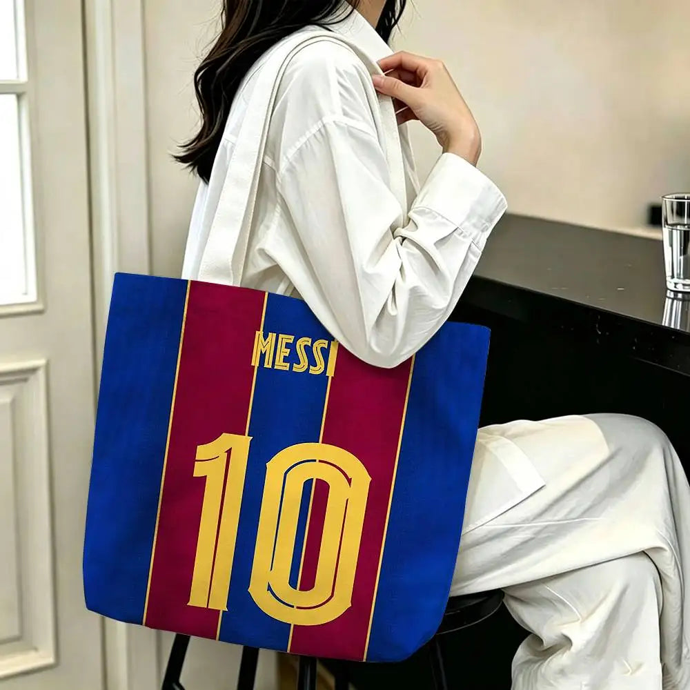 sac main blanc bleu clair rayures messi 10 polyestère réutilisable moderne graphique poignées détachables