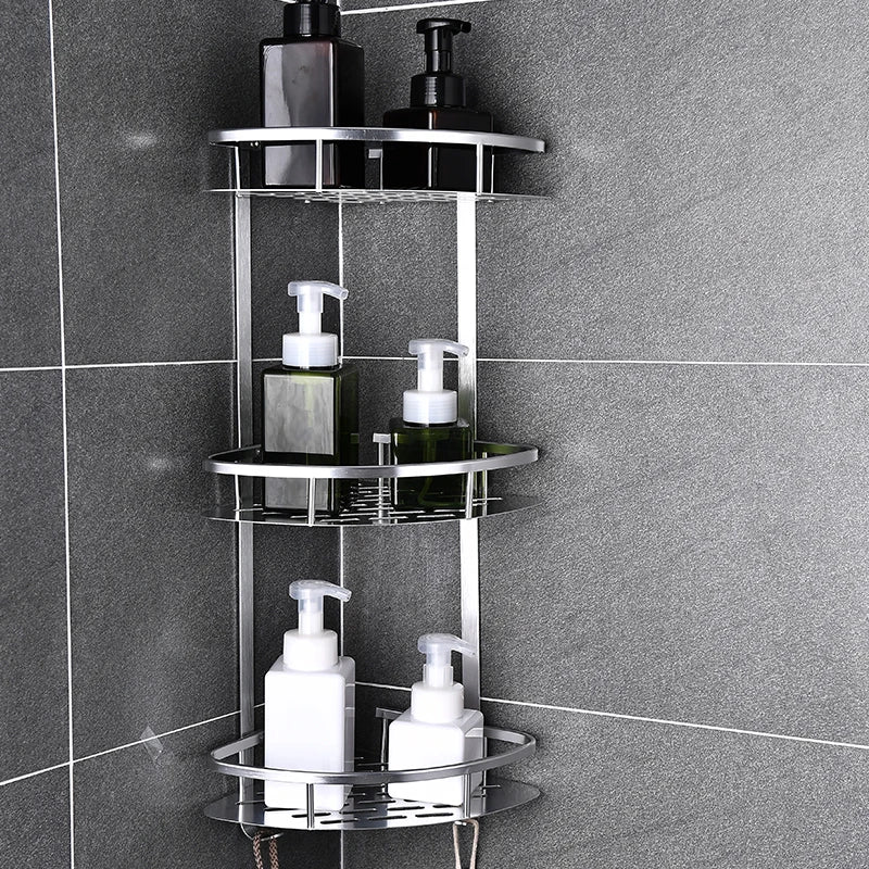 étagère salle bain adhésive noir argenté moderne minimaliste niveaux rondes perforées 10kg charge