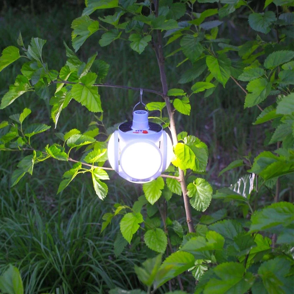 lampe solaire rechargeable éclairage extérieur camping indicateur charge cale blanc moderne