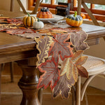 nappe décorative automnale feuilles érable brodées rustique couleurs marron orange rouge doré semi transparent