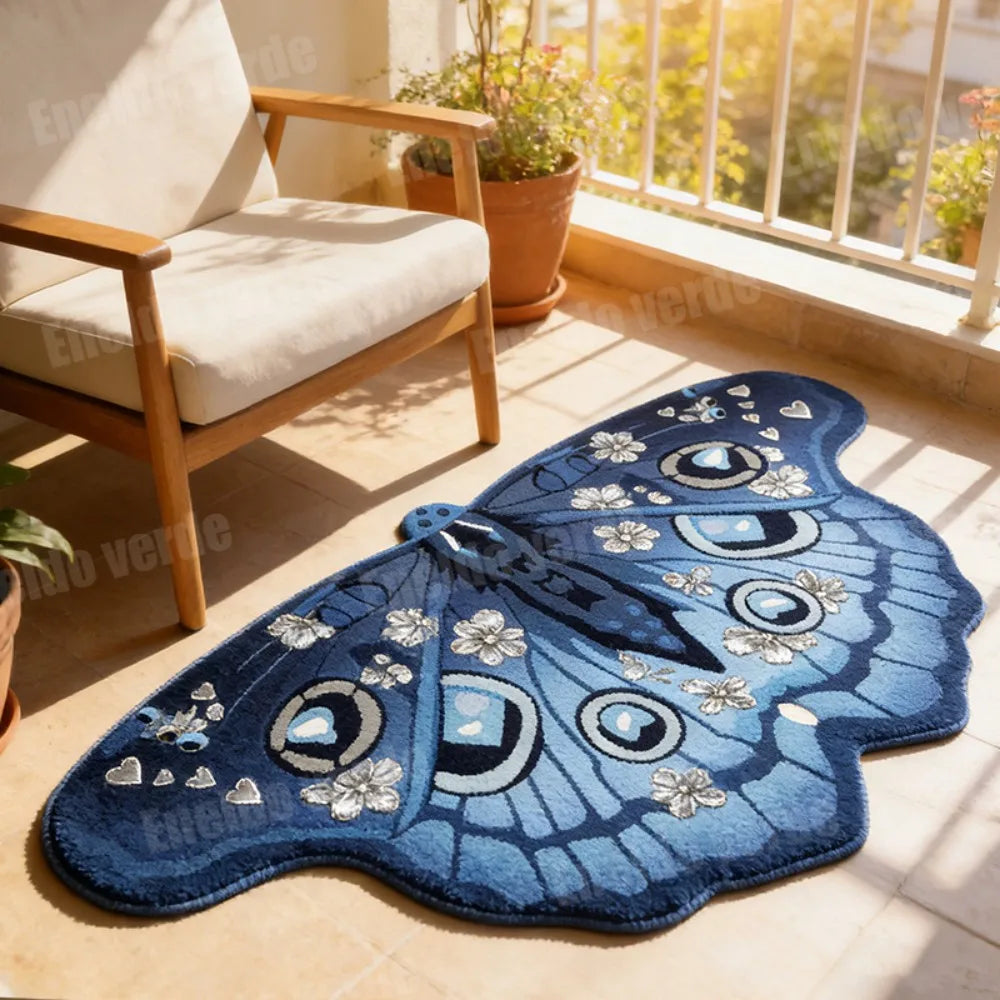 tapis bleu blanc papillons fleurs moderne antidérapant salon chambre cuisine extérieur voyage