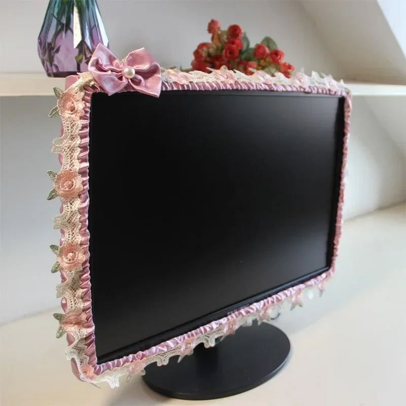 écran plat couverture anti poussière dentelle blanche roses relief ruban nœud clips vintage romantique