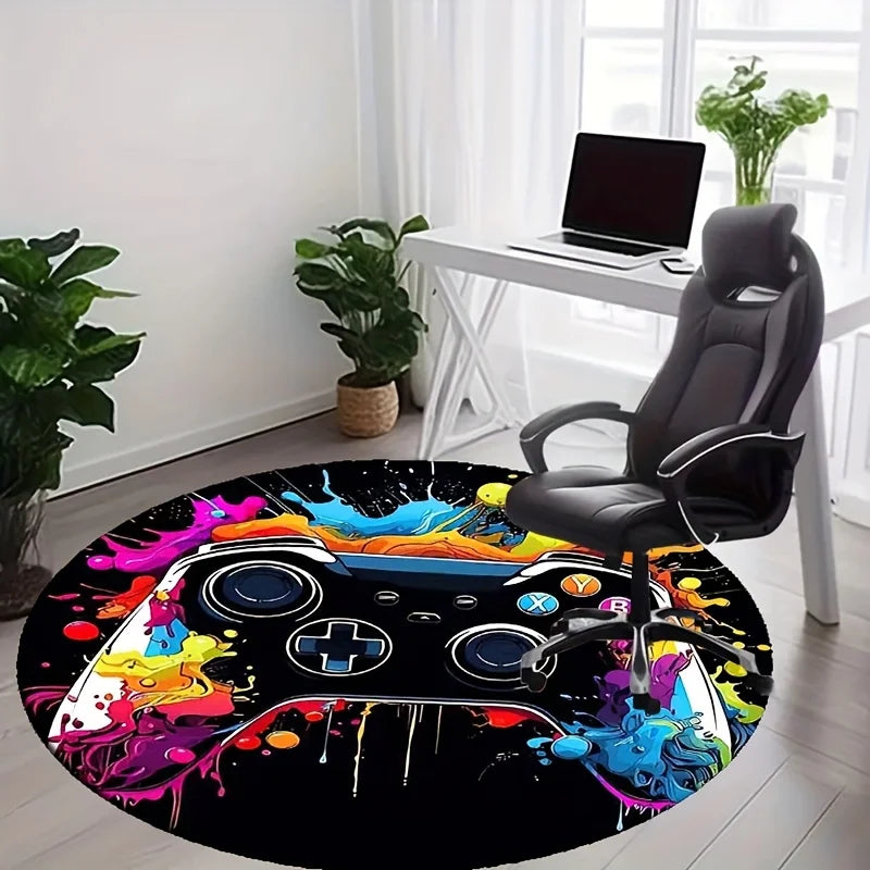 tapis rond imprimé contrôleur jeu coloré moderne polypropylène noir rouge bleu jaune vert salon