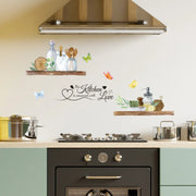 décoration murale autocollant cuisine illustration aquarelle étagères bouteilles ustensiles fruits légumes papillons love blanc