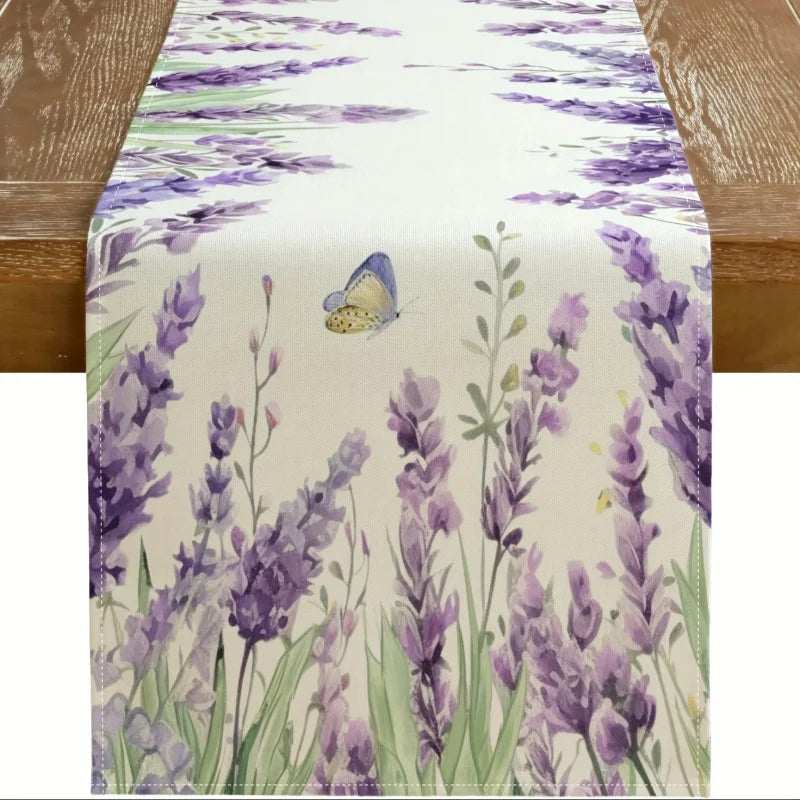 tableau chemin table imprimé floral lavande violet lilas vert blanc rustique décoration table extérieur