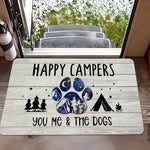 tapis sol antidérapant polyester résistant décoloration lettrage stylisé thème camping patte chien noir blanc