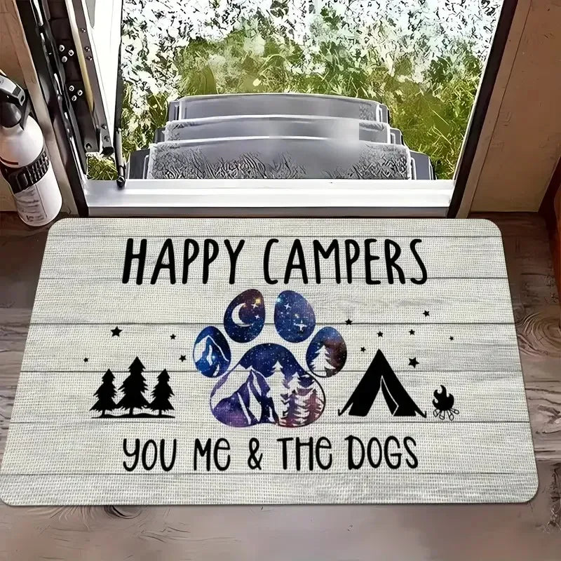 tapis sol antidérapant polyester résistant décoloration lettrage stylisé thème camping patte chien noir blanc