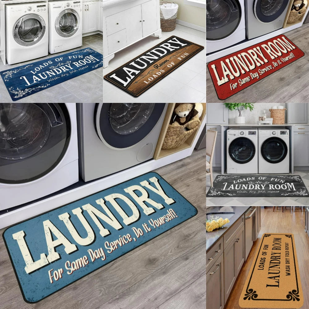 tapis sol buanderie lavable antidérapant motif géométrique vintage texte laundry room cuisine salon
