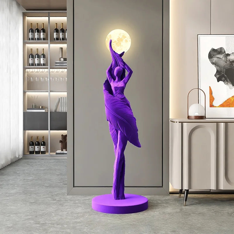 statue femme lune lampadaire moderne résine blanc noir bleu marron ondulé led minimaliste
