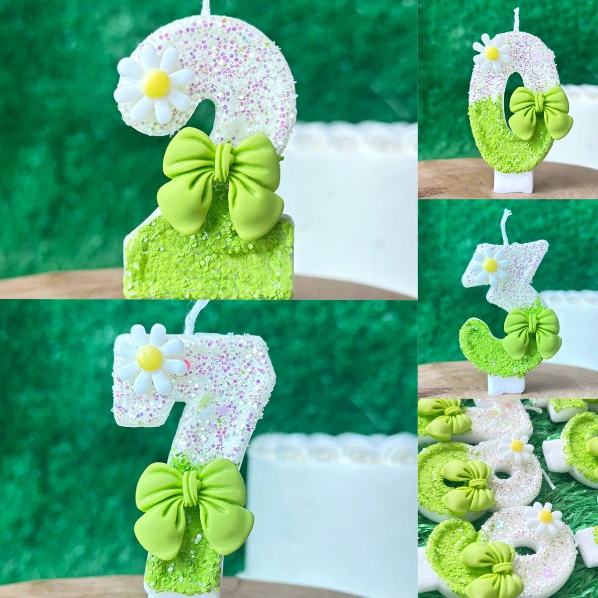 bougies anniversaire chiffres paillettes papillon vert fleurs blanches