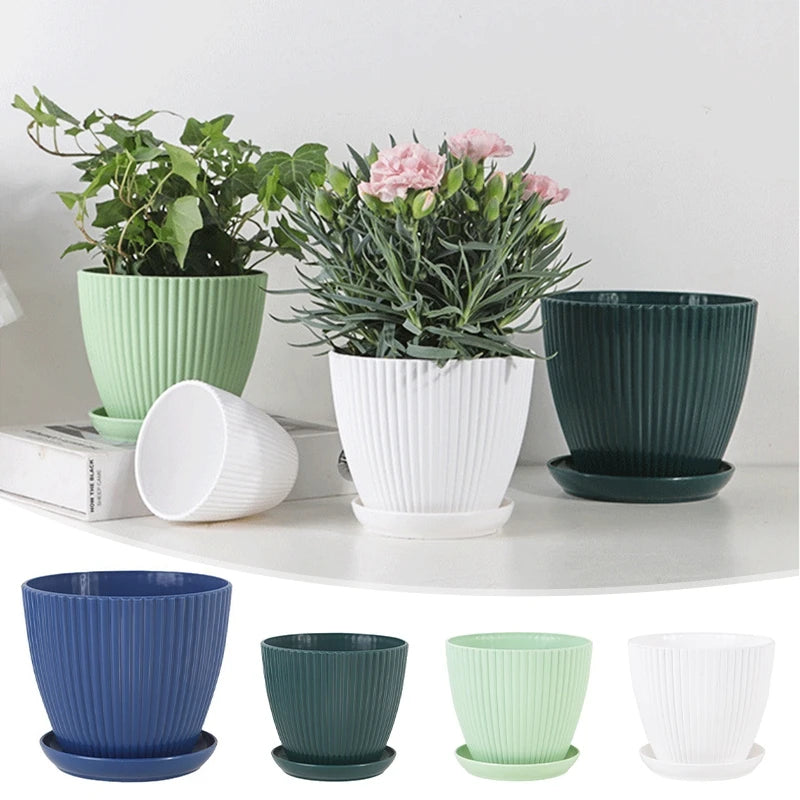 Pots fleurs modernes plastique vert bleu blanc rayures verticales plateau support XL XXL