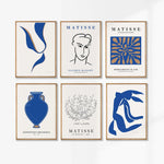 Cette image présente une collection d'affiches artistiques de l'artiste français Henri Matisse, mettant en valeur son style épuré et ses motifs caractéristiques en bleu et en beige.
