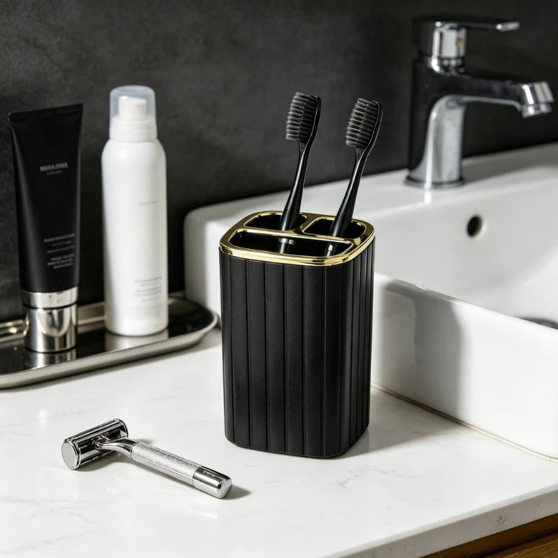 porte brosses dents distribiteur savon moderne noir or blanc or texturé vertical salle bain