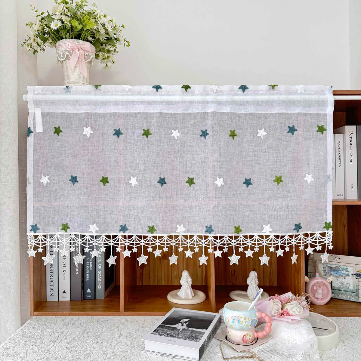 rideau transparent brodé étoiles classique blanc romantique maison