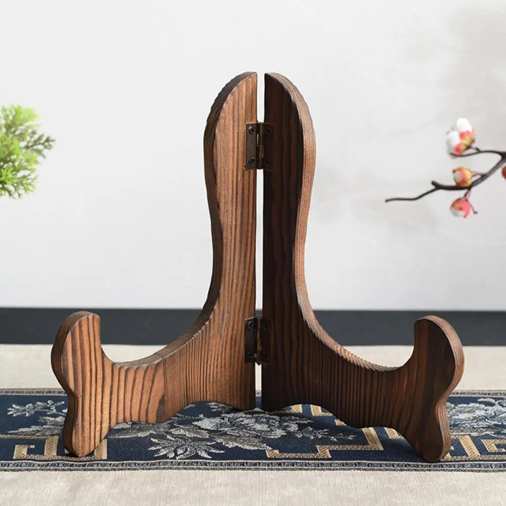 présentoir support bois marron foncé texture naturelle moderne assiettes pliant cuisine décoration