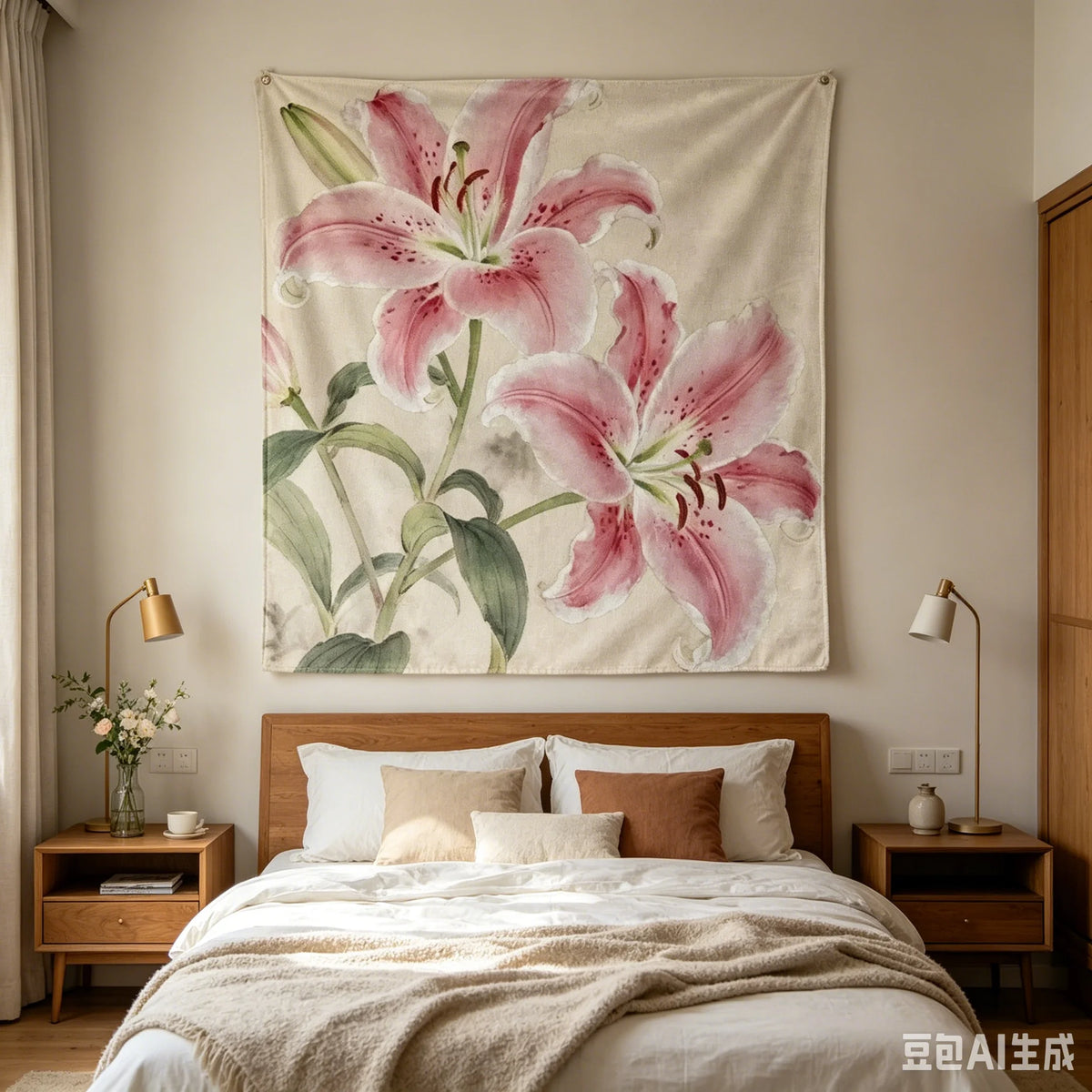 tapisserie fleurs lys floral classique beige rose vert polyester lavable machine chambre salon decoration