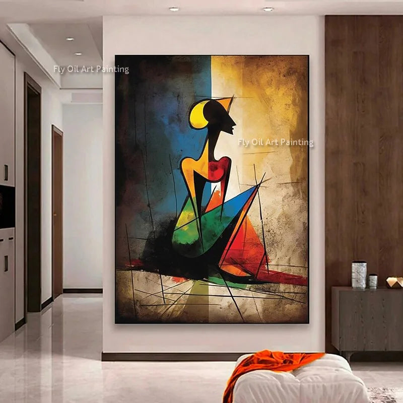 peinture l'huile abstraite contemporaine cubiste géométrique vibrante rouge bleu verte maisonDecorationMurrale