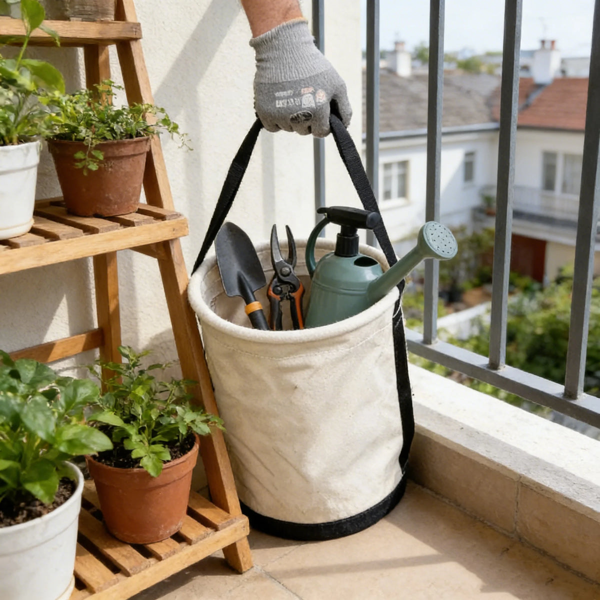 sac pliable tissu oxford beige noir poches utilitaire portable jardinage outils rangement multifonctionnels