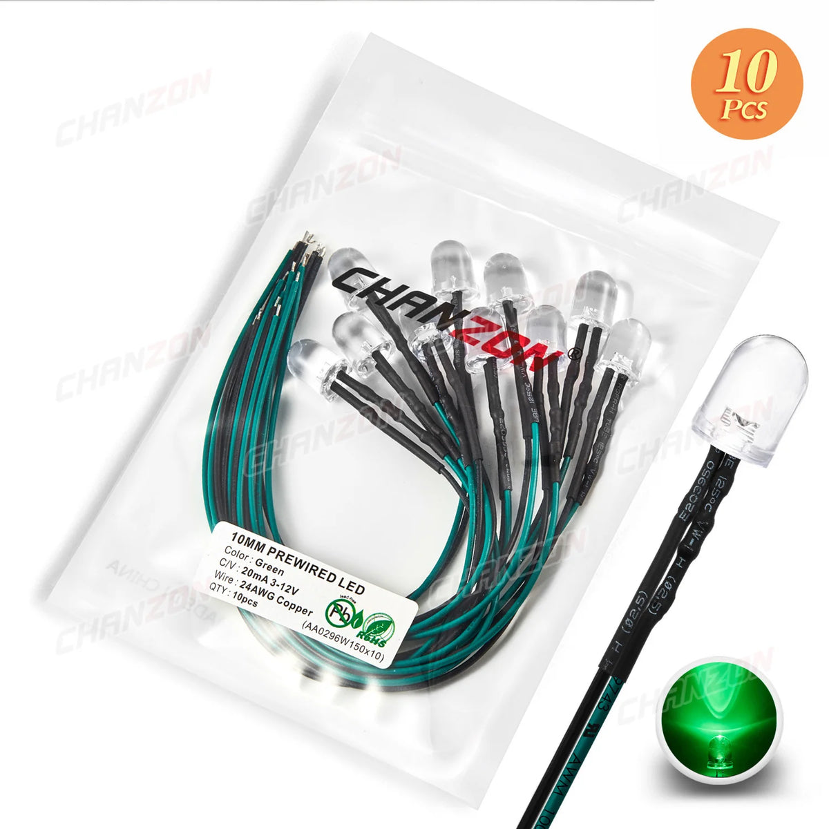Diodes led 12v blanc rouge vert bleu jaune câbles colorés pack 10 pièces transparentes