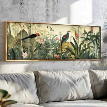 toile peinte paysage oiseaux fleurs plantes multicolore verte rouge noire blanche