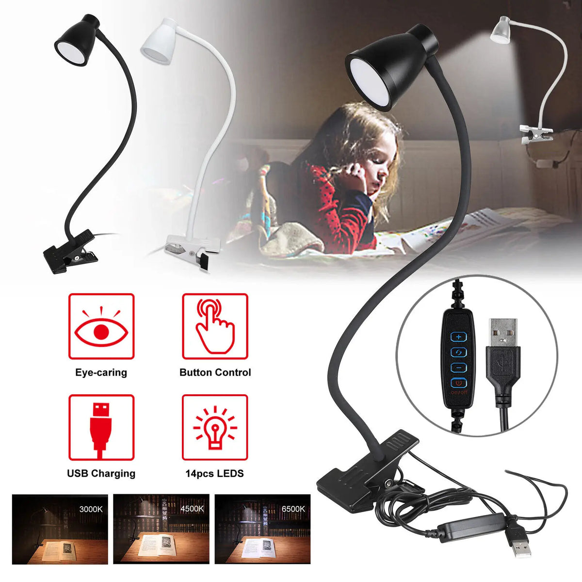 lampe led pince noire réglable col cygne moderne chevet placard