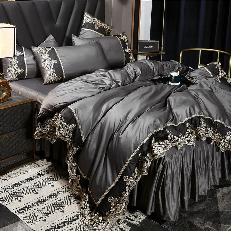 ensemble literie gris foncé broderie dorée satiné classique 1.5m 1.8m 2.0m pièces