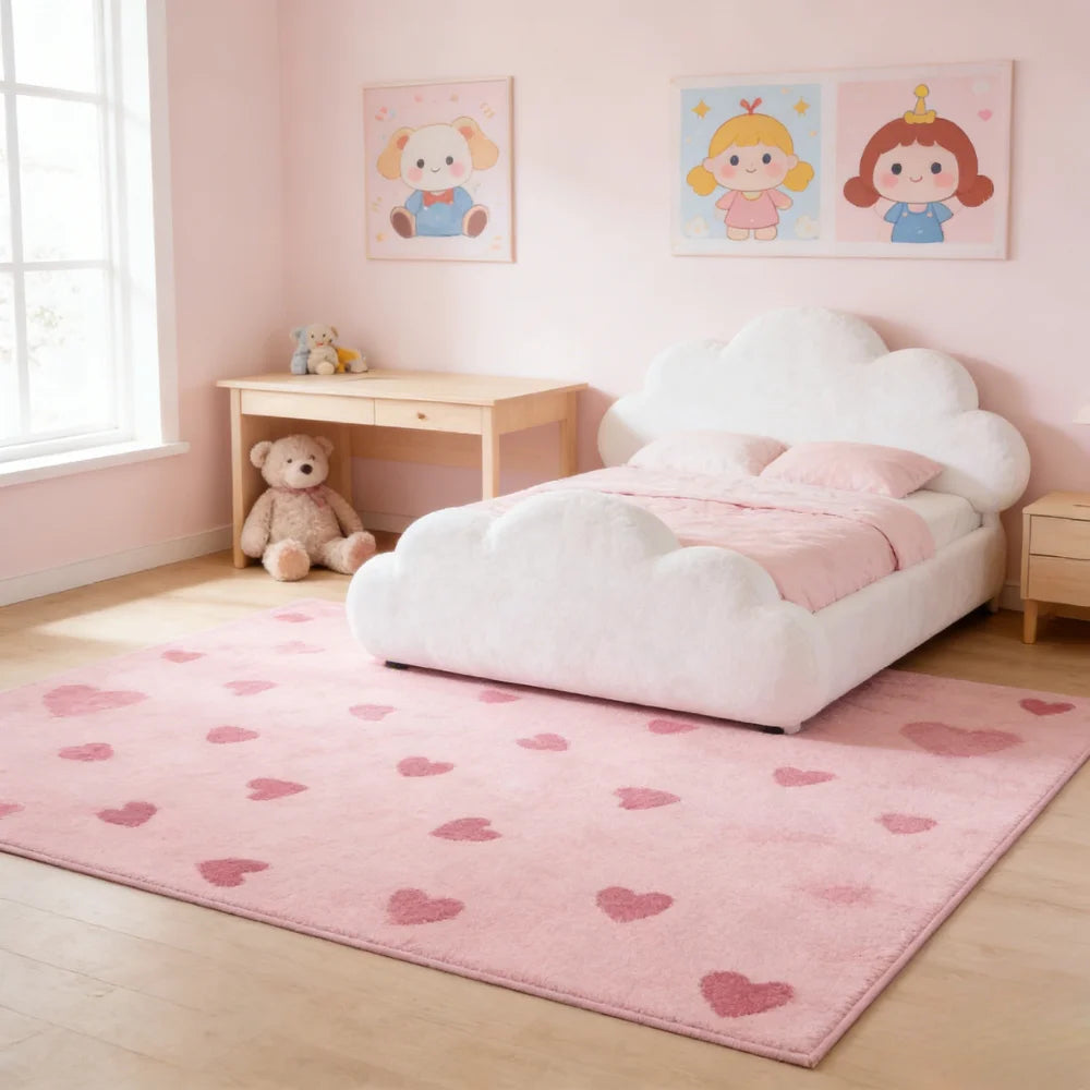 tapis rose coeurs moderne doux peluche lavable chambre salon enfants decoration maison