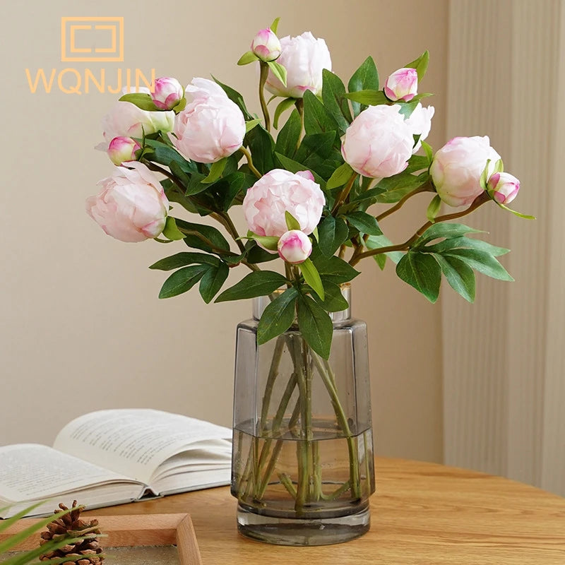 pivoines artificielles soie rose blanc vert décoration maison mariage anniversaire transparent vase