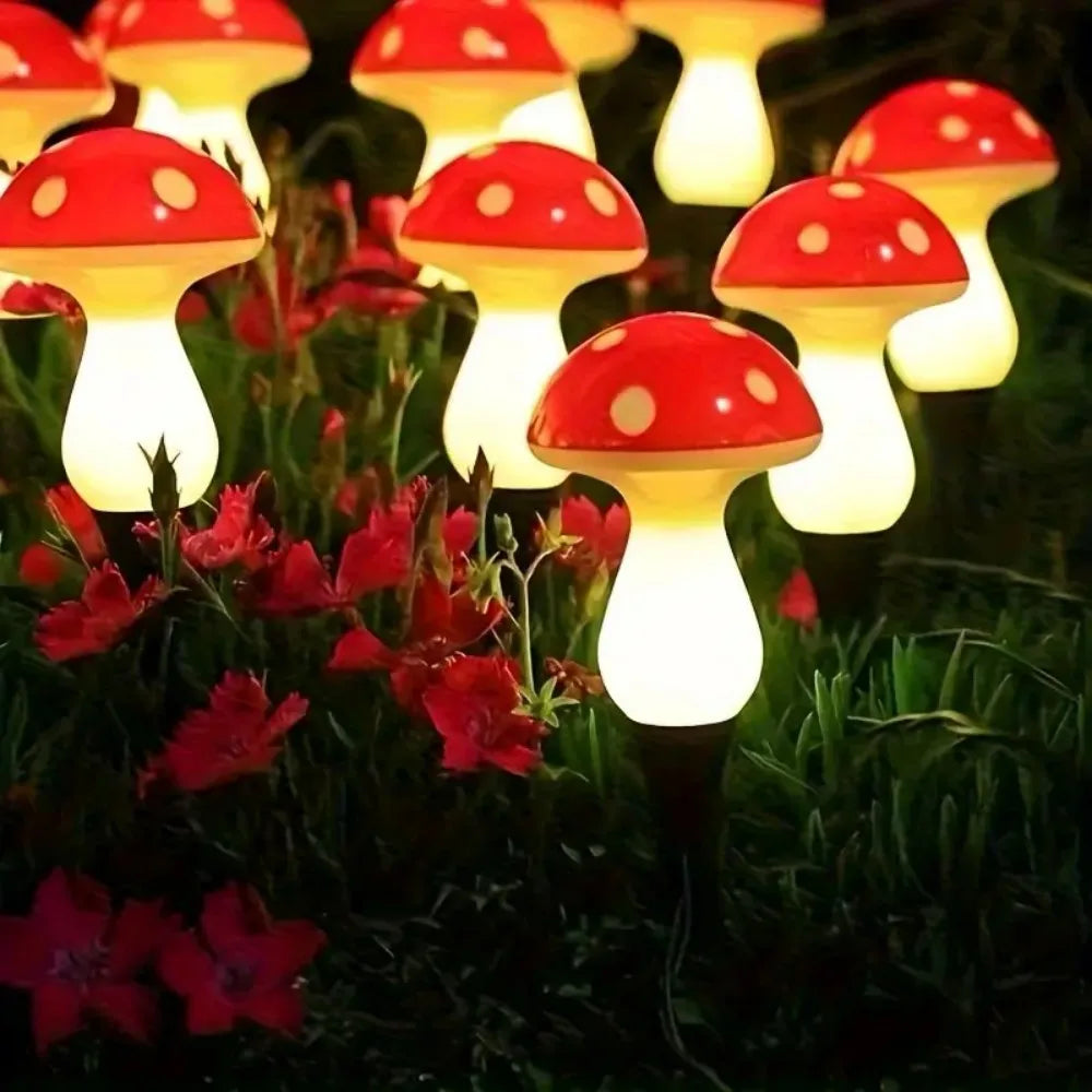 lampe solaire champignon rouge points blancs corps jaune transparent extérieur décoration enfantine modes éclairage