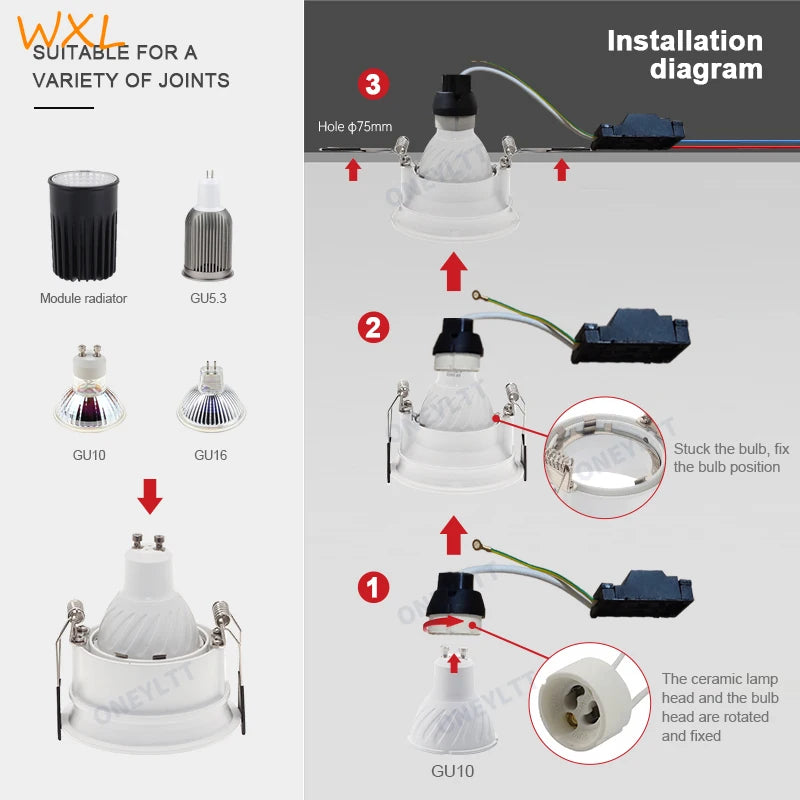 ampoule led spot blanc moderne clips métalliques câble opacité rond lisse downlight encastré gu10