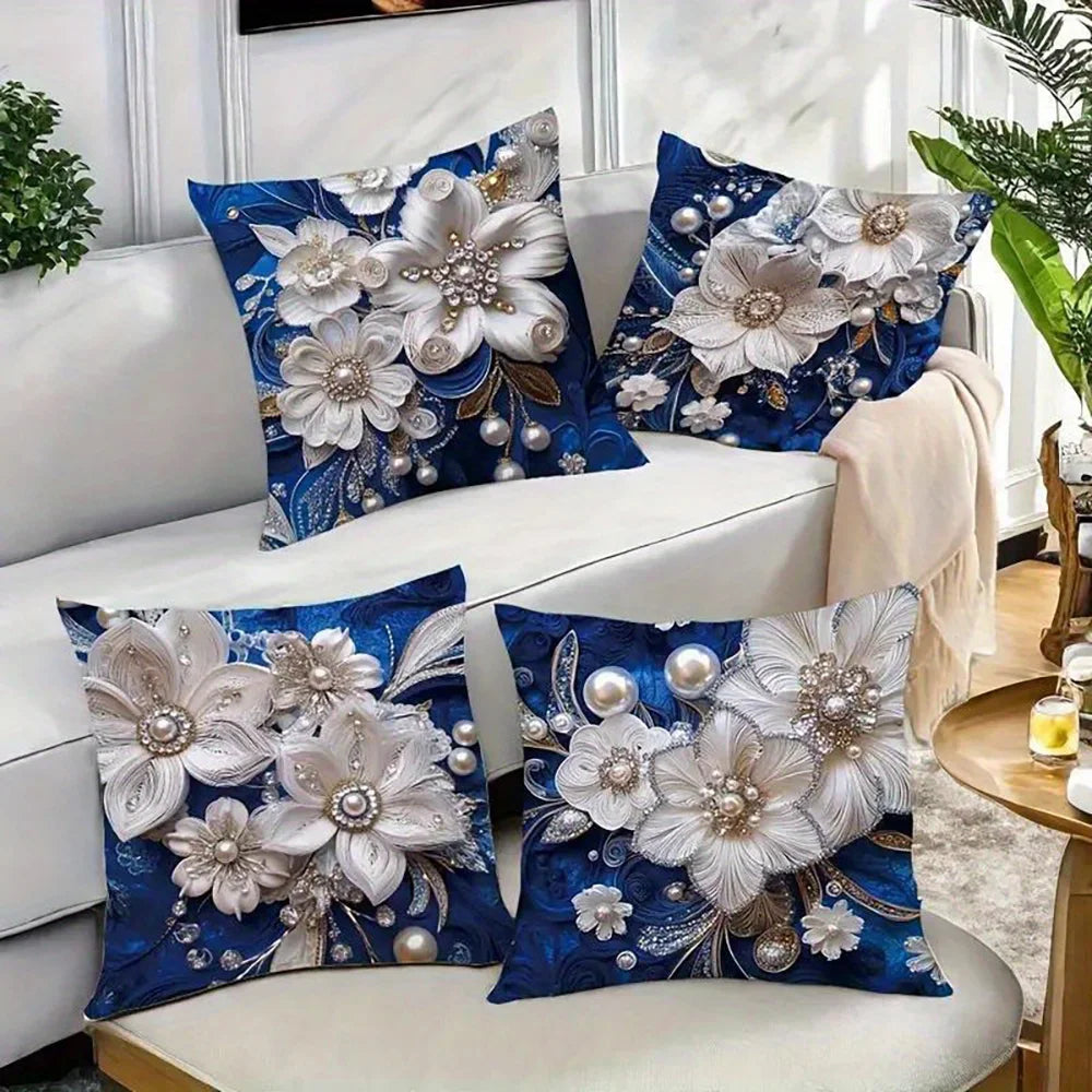 coussin élégant bleu fleurs dorées classique 45x45cm polyester casa chambre decoration