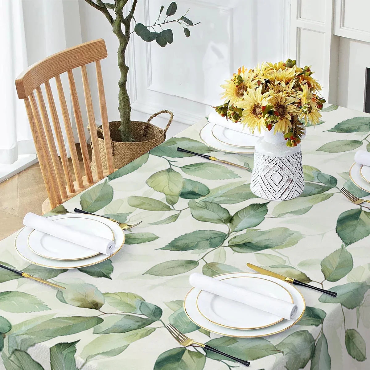 nappe table rectangulaire motif feuilles tropicales vertes fond blanc décoration mariage fête maison