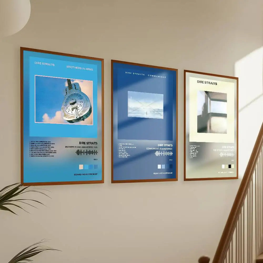 affiche Dire Straits Communique moderne bleu blanc gris clair photo objet circulaire aiguilles fond
