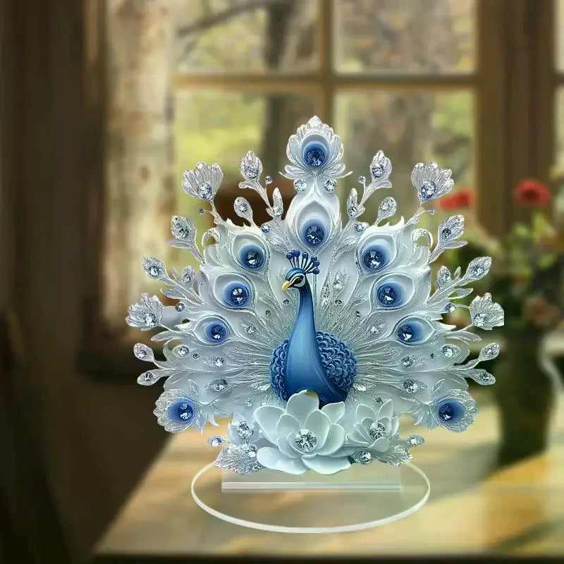 statue paon bleu plumes strass motif floral décoration intérieure support transparent ornement