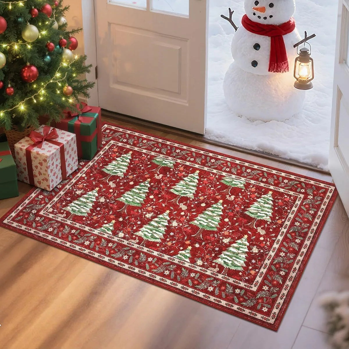 tapis rouge sapins imperméable antidérapant moderne entrée salle bain couloir 40x60cm