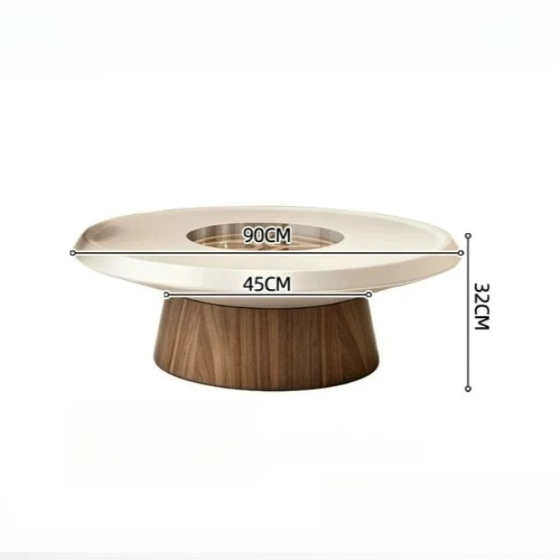 table basse moderne rond bois marron clair métal transparent décoration ludique