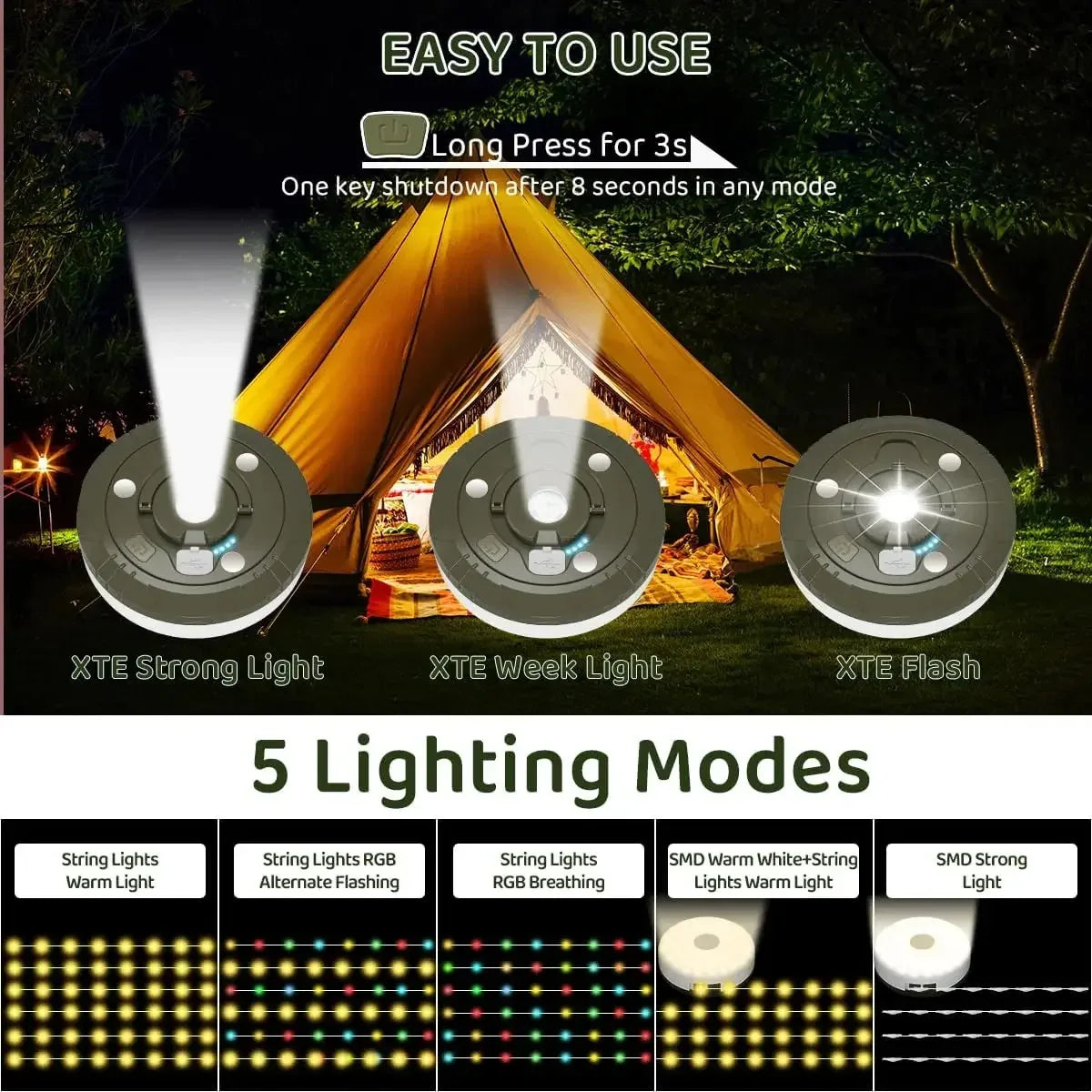 lampe camping led rechargeable blanc vert olive moderne aimant lisse pratiqueextérieur jardin camping