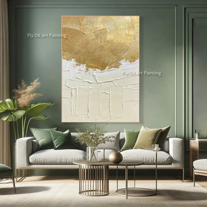 tableau abstrait contemporain doré blanc lignes ondulées toile rectangle vertical sans cadre