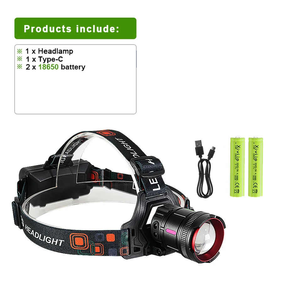 lampe frontale led rechargeable moderne bande élastique zoom noir rouge vert