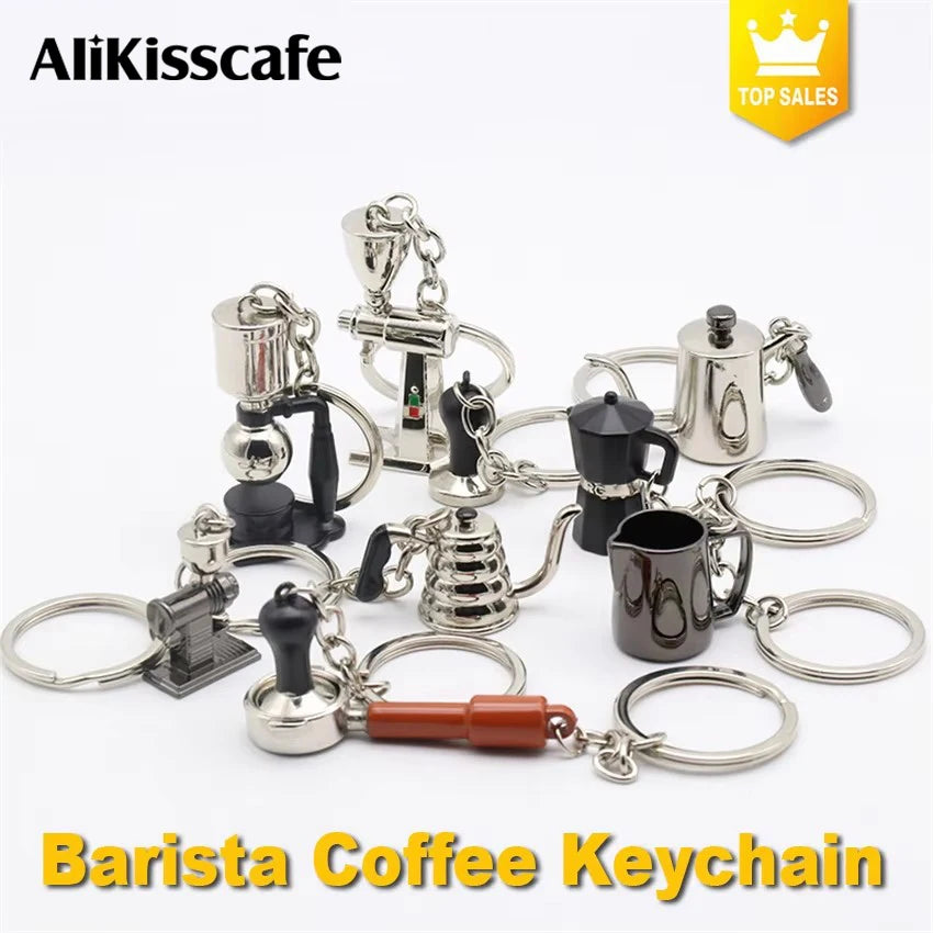 porte clés réaliste métal tampé moulin cafetière italienne théière bouilloire noir marron cuivre argenté